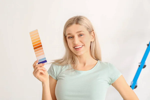 Young Woman Color Swatches White Background — Stock Photo, Image