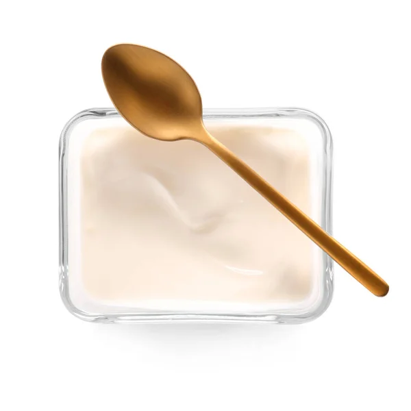 Tigela Com Iogurte Saboroso Fundo Branco — Fotografia de Stock