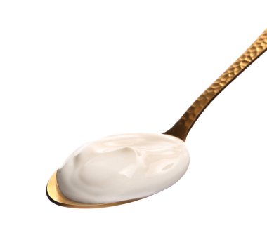 Beyaz arka planda lezzetli yoğurtlu kaşık