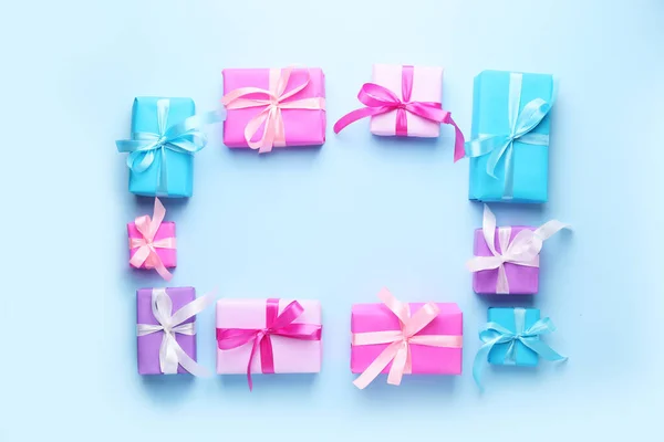 Рамка Подарков День Рождения Цветном Фоне — стоковое фото
