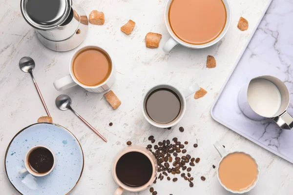 Composition Cups Different Coffee Light Background — Stock Photo, Image