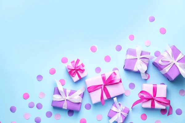 Many Birthday Gifts Decor Color Background — Stock Photo, Image