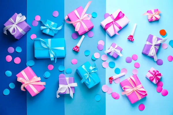 Many Birthday Gifts Decor Color Background — Φωτογραφία Αρχείου