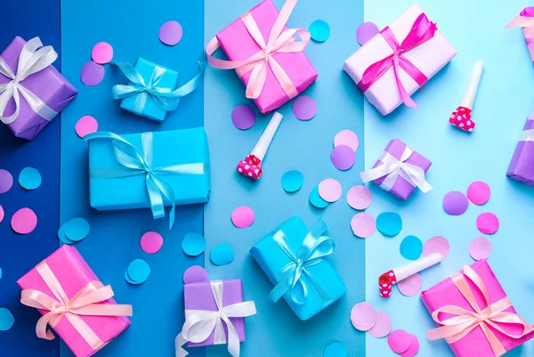 Many Birthday Gifts Decor Color Background — Stock Photo, Image