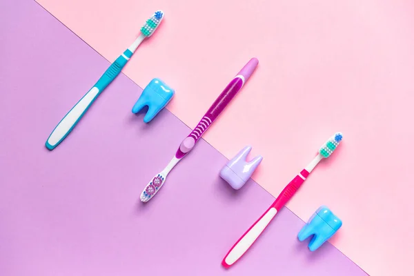 Tooth Brushes Plastic Teeth Color Background — Stock Photo, Image