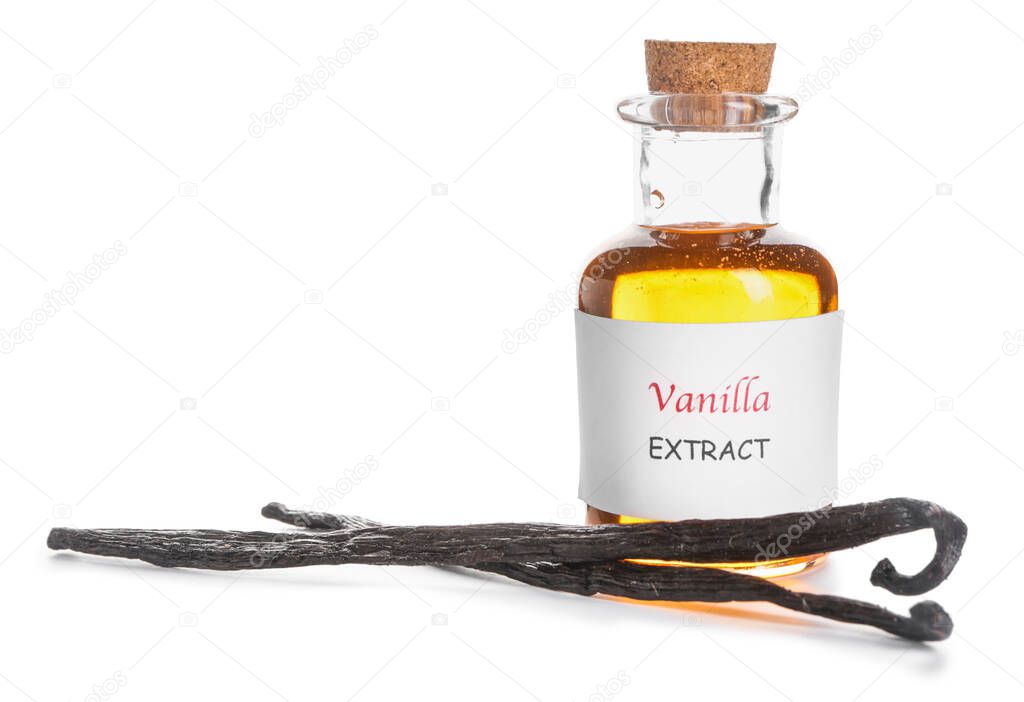 Bottle of vanilla extract on white background