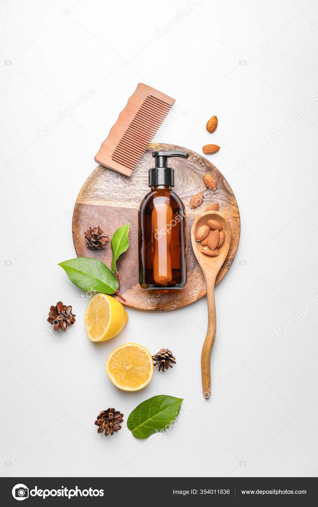 Composition Shampoo Natural Ingredients Comb White Background Stock