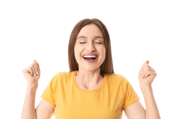 Mujer Joven Feliz Con Hermosa Sonrisa Sobre Fondo Blanco — Foto de Stock