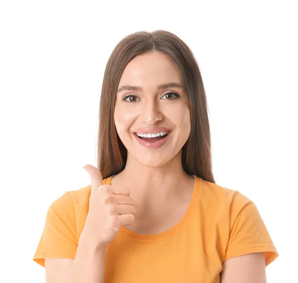Jonge Vrouw Met Mooie Glimlach Tonen Duim Witte Achtergrond — Stockfoto
