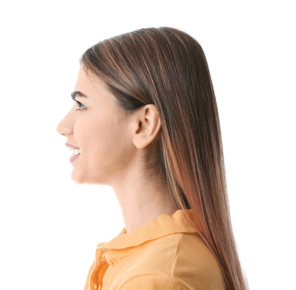 Mujer Joven Con Dientes Sanos Sobre Fondo Blanco — Foto de Stock