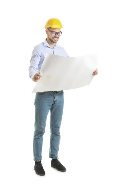 Ingeniero Masculino Con Dibujo Sobre Fondo Blanco —  Fotos de Stock