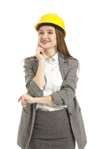 Vrouwelijke Ingenieur Witte Achtergrond — Stockfoto