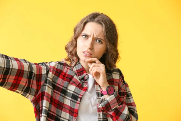 Confused Young Woman Taking Selfie Color Background — Stock Photo, Image