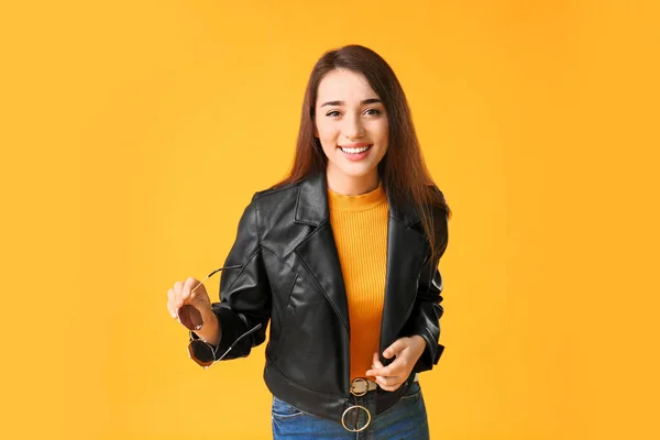 Stylish Young Woman Color Background — Stock Photo, Image