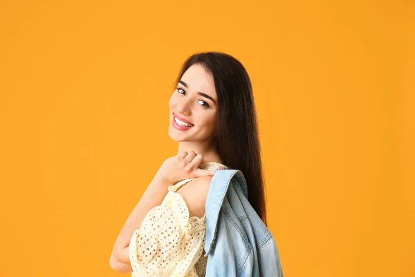 Stylish Young Woman Color Background — Stock Photo, Image