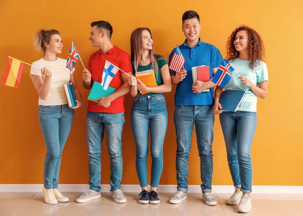 Young students of language school near color wall