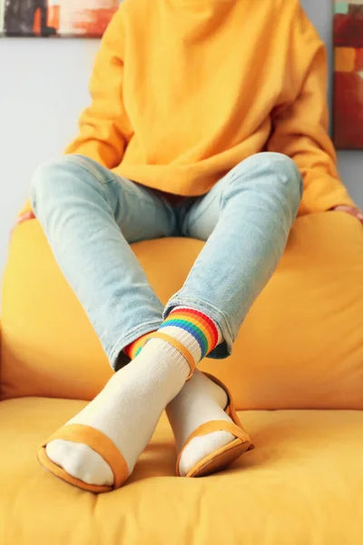 Young Woman Socks Sandals Home — Stock Photo, Image