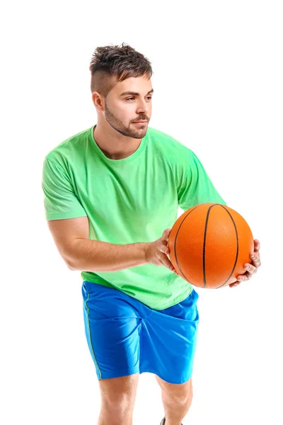 Joven Deportivo Con Pelota Sobre Fondo Blanco — Foto de Stock