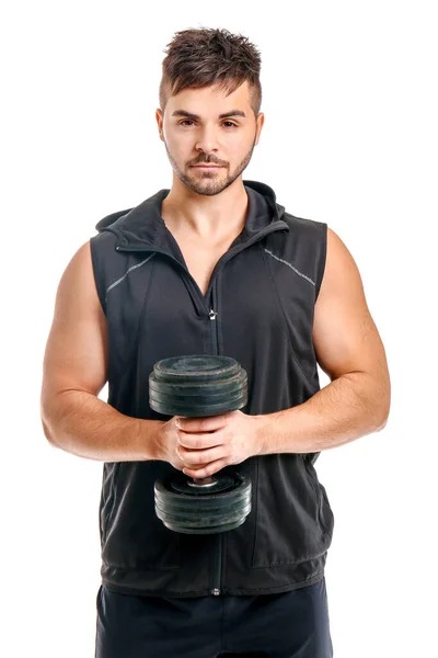 Sporty Young Man Dumbbell White Background — Stok fotoğraf