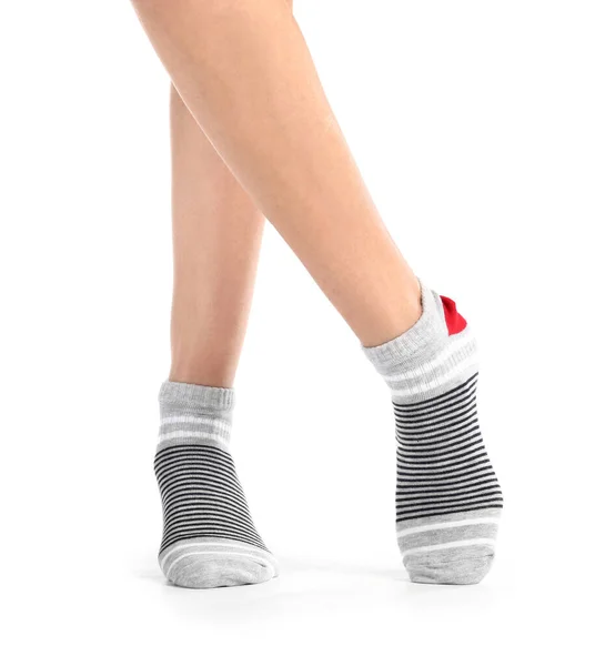 Beine Der Jungen Frau Socken Auf Weißem Hintergrund — Stockfoto