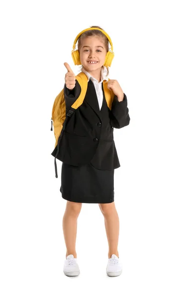 Cute Little Schoolgirl Headphones Showing Thumb White Background — Stock Photo, Image