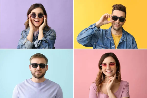 Collage Foto Con Giovani Che Indossano Occhiali Sole Alla Moda — Foto Stock