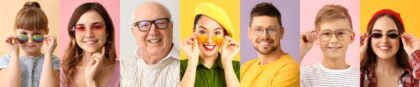 Collage Foto Con Persone Diverse Che Indossano Occhiali Alla Moda — Foto Stock
