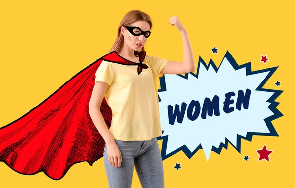 Mujer Traje Superhéroe Sobre Fondo Color Concepto Feminismo — Foto de Stock
