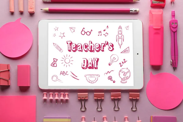 Moderní Tablet Počítač Šablona Barevném Pozadí Oslava Dne Učitelů — Stock fotografie