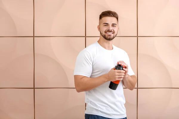 Sporty Man Protein Shake Color Background — Stock Photo, Image