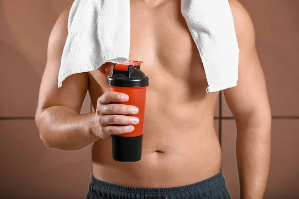 Sporty Man Protein Shake Color Background Closeup — Stock Photo, Image