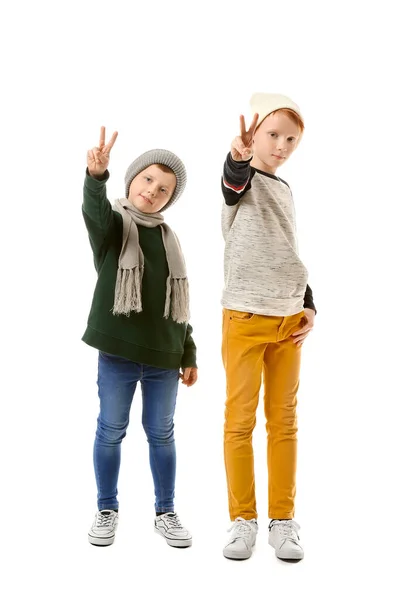 Cute Little Boys Showing Victory Gesture White Background — Stock Photo, Image