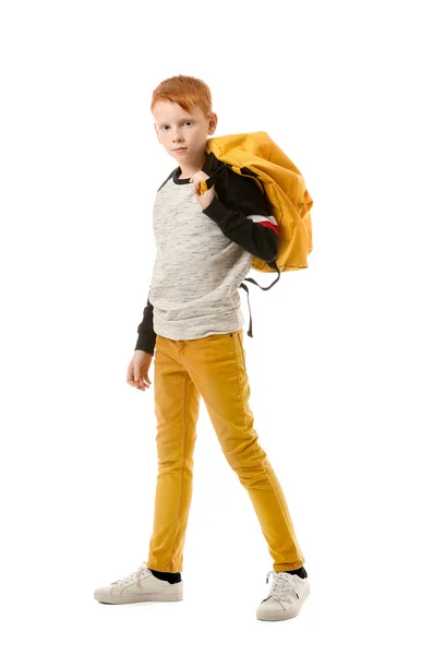 Menino Bonito Com Mochila Fundo Branco — Fotografia de Stock