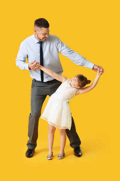 Father His Little Daughter Dancing Color Background — 스톡 사진