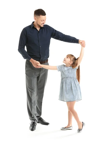 Father His Little Daughter Dancing White Background — Stock Photo, Image