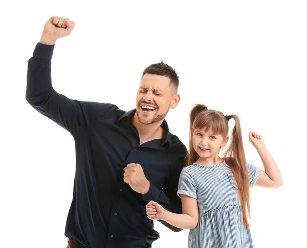 Father His Little Daughter Dancing White Background — Stock Photo, Image