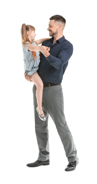 Pai Sua Filhinha Dançando Contra Fundo Branco — Fotografia de Stock