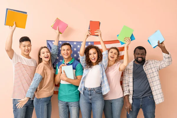 Young Students Language School Color Background — Stock Photo, Image