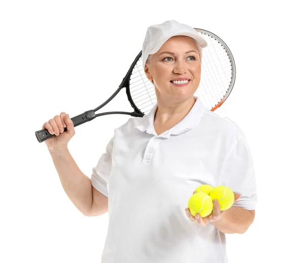 Зрелая Теннисистка Белом Фоне — стоковое фото