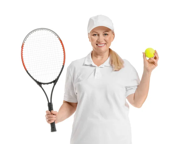 Mature Female Tennis Player White Background — Stock Photo, Image