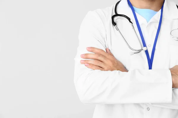 Young Male Doctor Light Background Closeup — Stock Photo, Image