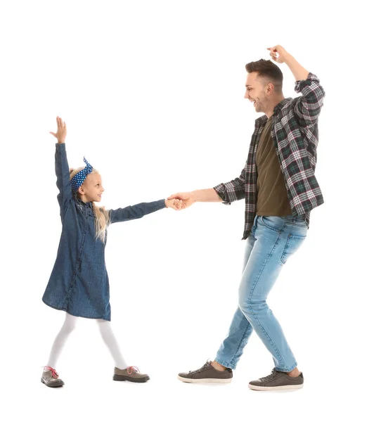 Man His Little Daughter Dancing White Background — Stock Photo, Image