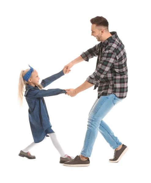 Man His Little Daughter Dancing White Background — Stock Photo, Image