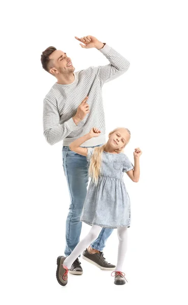 Man Och Hans Lilla Dotter Dansar Mot Vit Bakgrund — Stockfoto