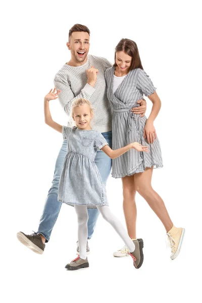 Lycklig Familj Dans Mot Vit Bakgrund — Stockfoto
