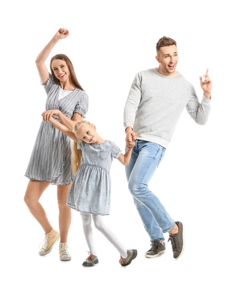 Feliz Família Dançando Contra Fundo Branco — Fotografia de Stock