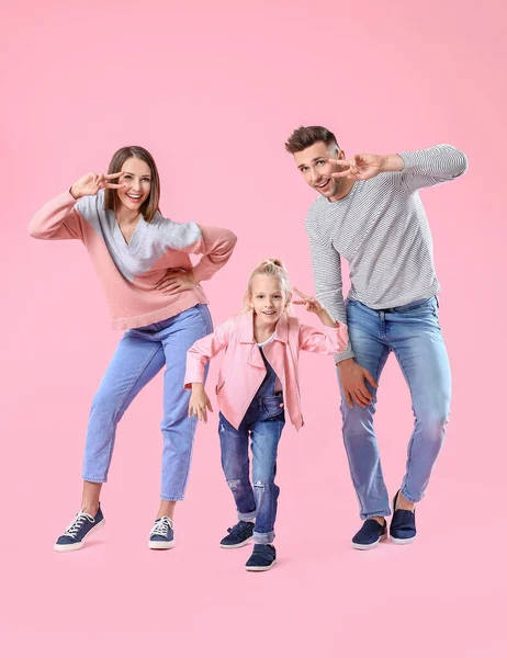 Happy Family Dancing Color Background — Stock Photo, Image