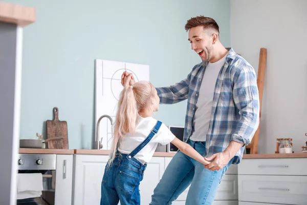 Man His Little Daughter Dancing Kitchen — Stock Photo, Image