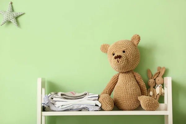 Cuddly Toys Baby Clothes Table Children Room — Stock Photo, Image