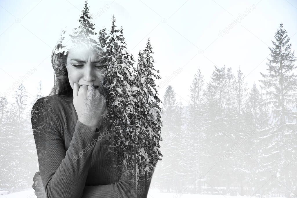 Double exposure of depressed young woman and forest on white background